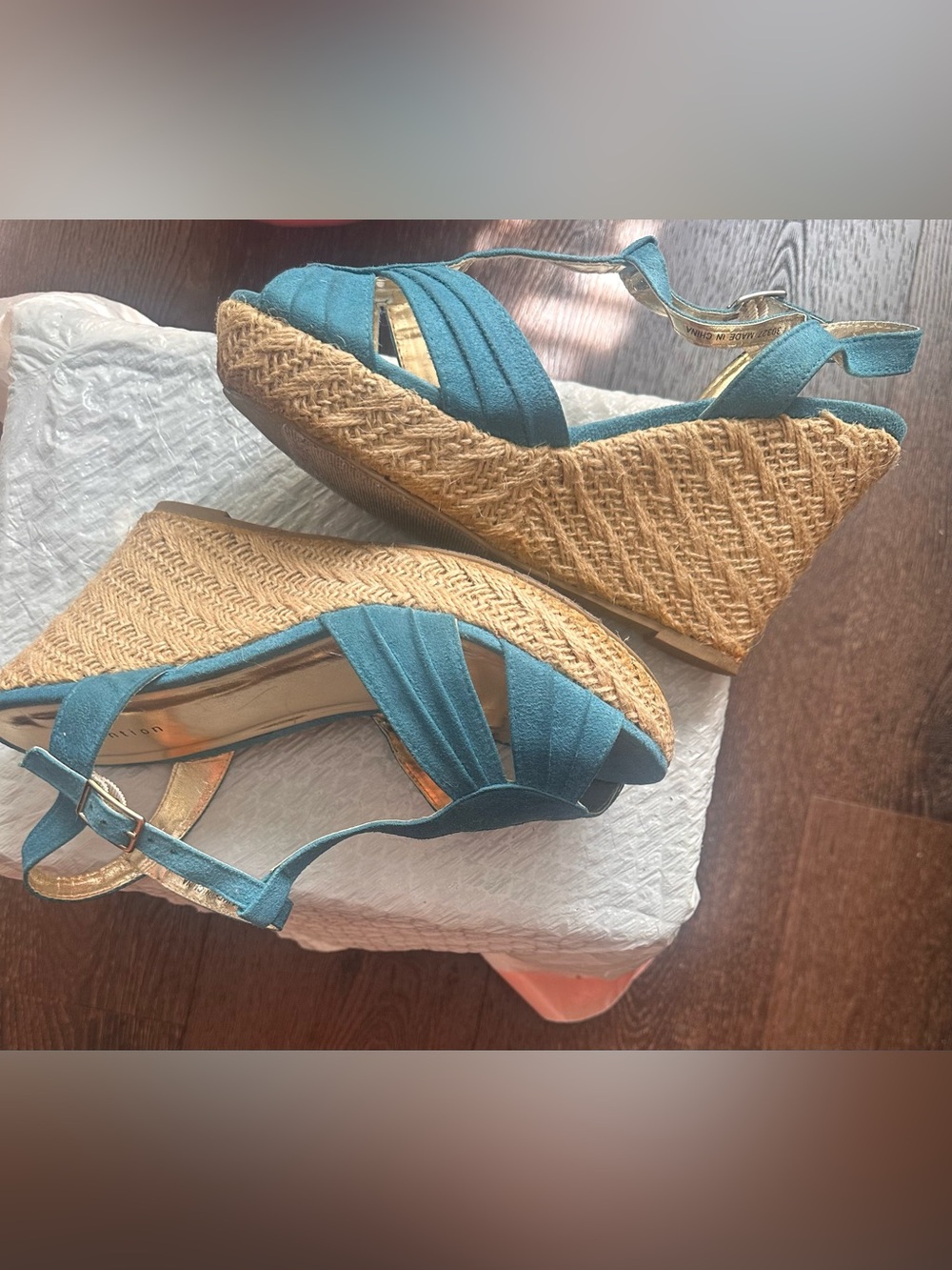 attention Teal Espadrille Wedge Sandals with Braided Jute Platform